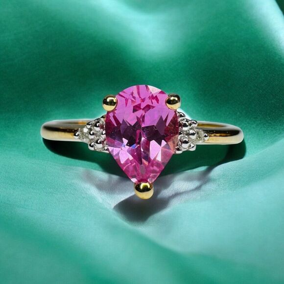 VINTAGE -10K Gold- Pink Sapphire & Diamond Ring -Size 7 Pear Cut Solitaire -2.1g - Picture 11 of 16